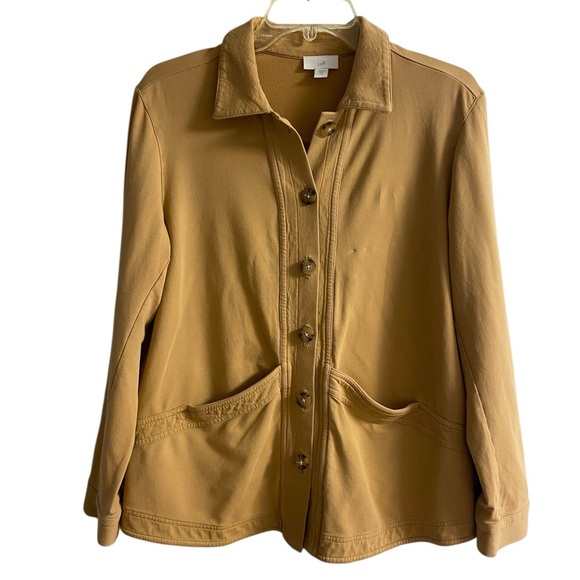 J Jill barn jacket shacket camel color button front cotton Medium Petite - Picture 1 of 8